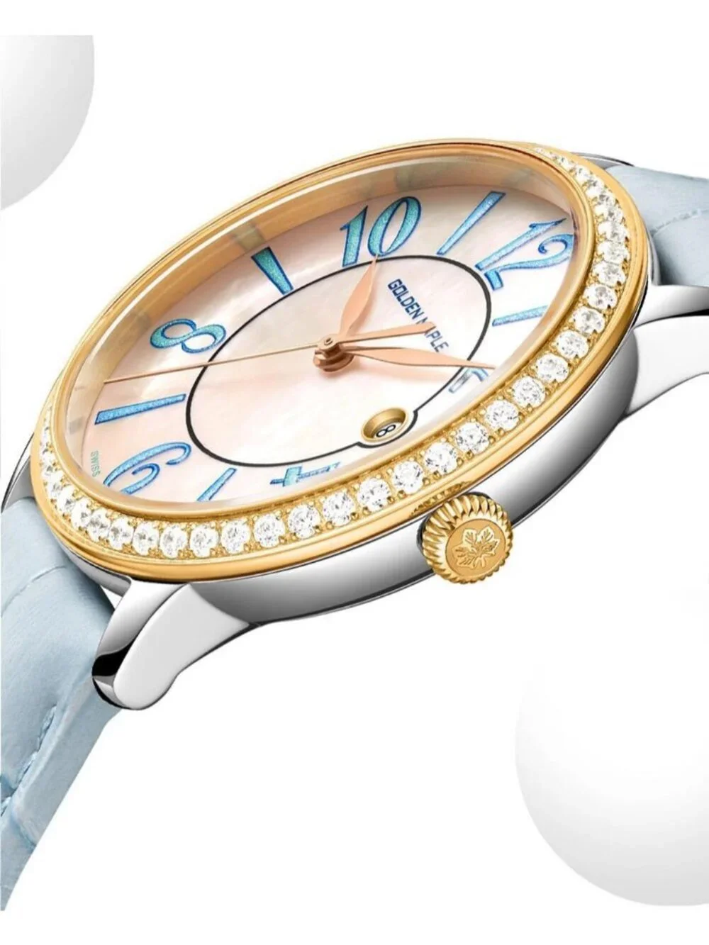 Women's Blue Dainty Watch Mother of Pearl Dial Leather Strap Quartz Wrist Watch